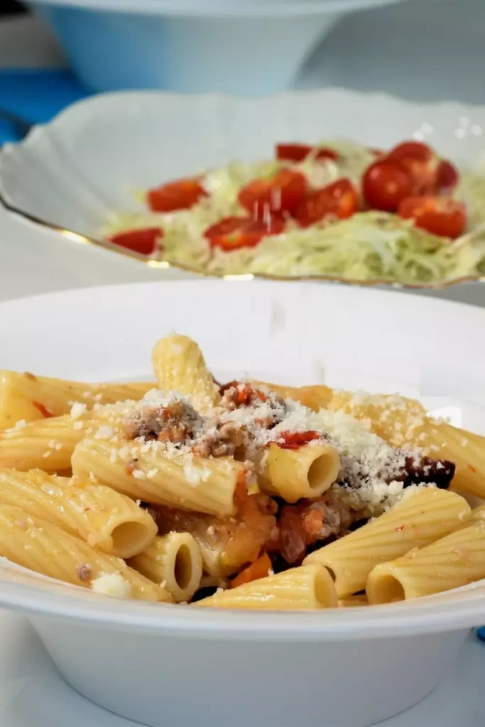 Pasta with Vegetables and Meat in bowl