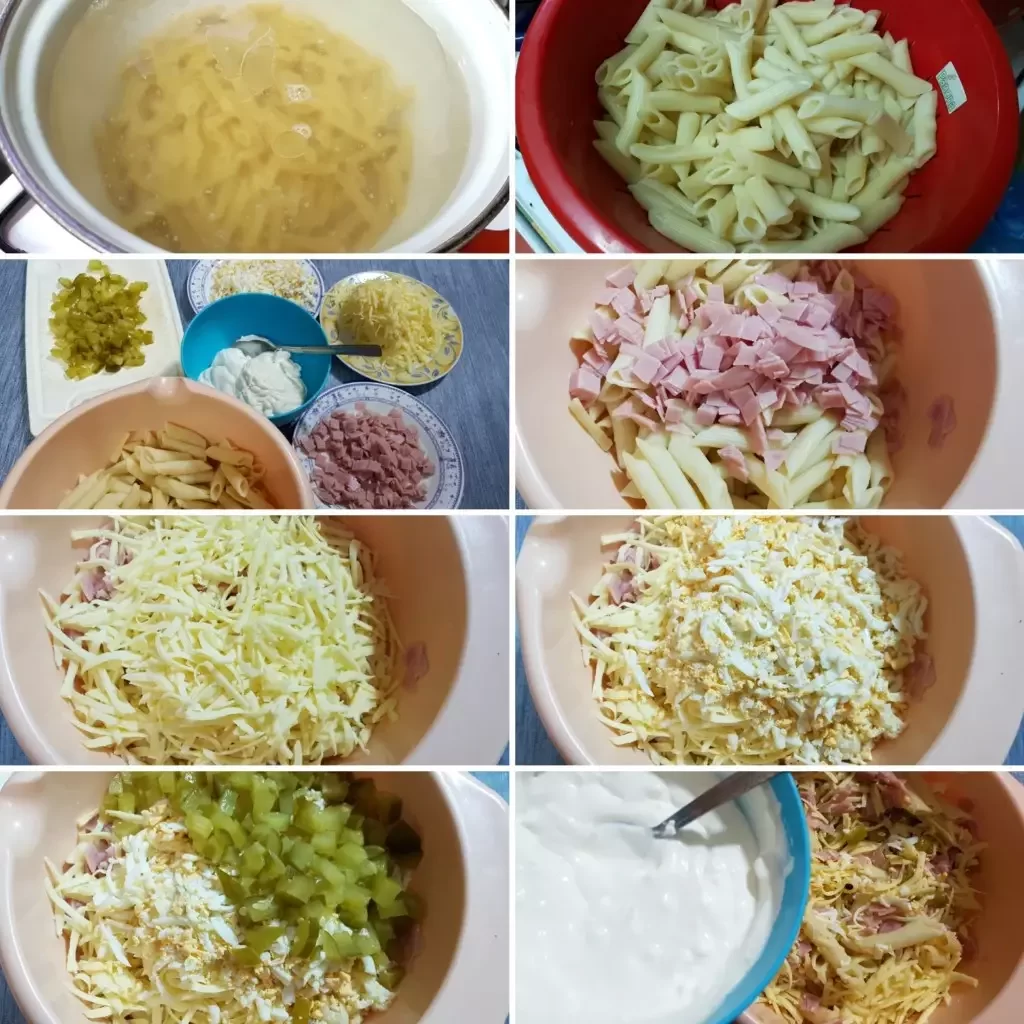 preparing steps for macaroni salad